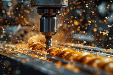 Poster - An industrial drill bit precisely engages with a metal piece, resulting in detailed metal shavings
