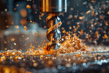 Poster - Close-up capture of a CNC machine tool as it cuts through metal, with fiery sparks flying around
