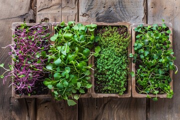 Microgreens in wooden planters on a rustic wood background. Overhead view with natural wood textures. Eco-friendly gardening and clean eating concept. Generative AI