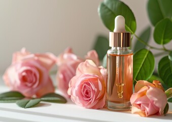 Wall Mural - Rose cosmetic oil in a glass bottle with pipette dropper, decorated with fresh natural rose flowers on the background and leaves, light background, copy space for text, mock up product