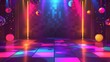 © Jenjira - VJ loop of a retro disco dance floor with glowing mirror balls, colorful spotlights, and a checkered background