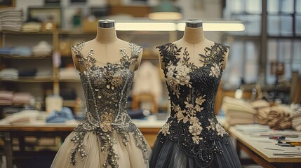 Dresses from the latest collection on mannequins in a modern atelier. A touch of sparkle. This dress shines bright with its dazzling details.