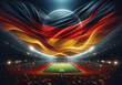 Im Hintergrund weht eine große Deutschlandfahne, davor ein Stadion, copy space