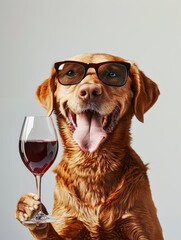 Wall Mural - portrait of a retriever wearing sunglasses and holding a glass of red wine, funny photo, open mouth, looking straight into the camera