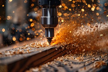 Poster - Detailed view of a metal drill bit cutting through wood, producing a shower of sparks and wooden debris
