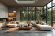 Modern living room with massive windows with forest view.