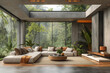 Modern living room with massive windows with forest view.