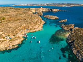 Sticker - Drone aerial view of popular Blue lagoon on Comino island. Mediterranean sea, Malta 