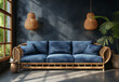 Bamboo sofa infront of blue wall