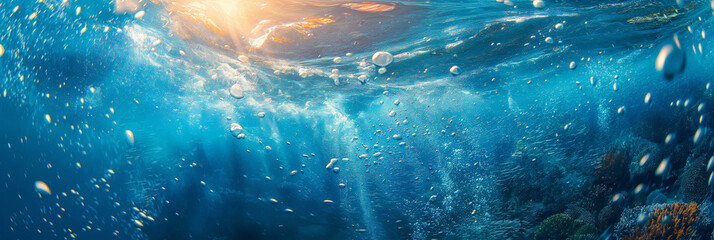 Wall Mural - A blue ocean with a lot of bubbles and a sun in the background