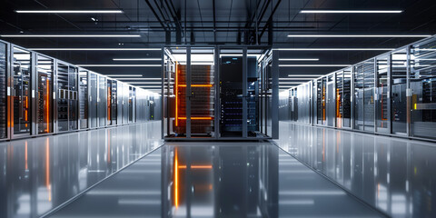 Poster - futuristic network operations center with advanced server cluster and illuminated racks in a high-te