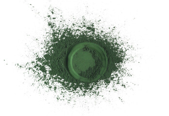 Wall Mural - Organic spirulina powder, raw isolated on white, top view