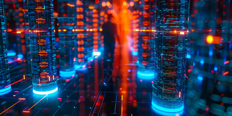 Poster - Futuristic Server Room Glow: Network Data Centers with Advanced Security Features