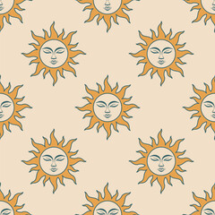 Wall Mural - Retro orange sun with dark outline and calm face on beige background. Vector seamless pattern.