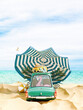 Summer vacation concept. Funny green car with summer accessories on beautiful sand beach. 3D Rendering, 3D Illustration