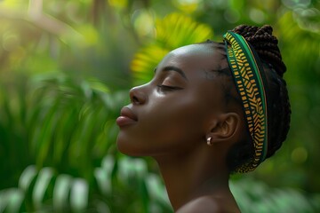 Wall Mural - profile face view of beautiful african woman combined with lush nature background minimalist panoramic portrait