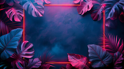 Wall Mural - A blue background with neon pink leaves surrounding a white frame