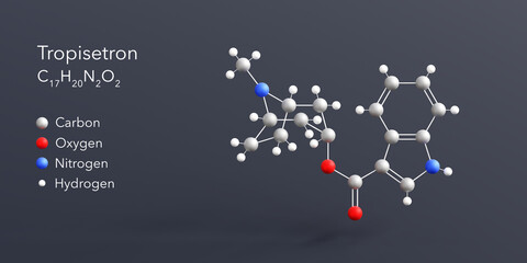 Poster - tropisetron molecule 3d rendering, flat molecular structure with chemical formula and atoms color coding