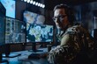 serious military officer monitoring data on computer screens in command center national security concept