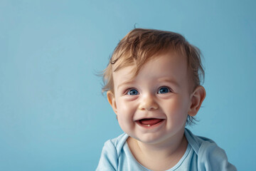 Wall Mural - Cheerful cute baby boy smiling with tooth over blue background with copy space