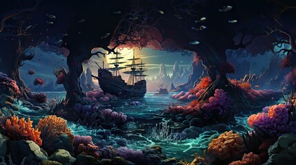 Wall Mural - Enchanting Underwater Seascape with Sunken Ships and Lush Coral Reefs