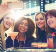 © peopleimages.com - Wine, cocktail and women with club selfie, smile or happy hour with bonding photography. Friends, night and crowd with profile picture for mojito, party or birthday reunion at restaurant disco event