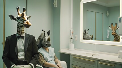 Wall Mural - Medical Consultation between Giraffe Doctor and Rhino Patient in Minimalist Examination Room Generative ai