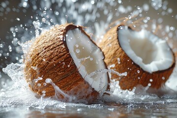 Dynamic image featuring a whole coconut with water splashing around it, highlighting natural hydration