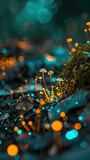 Fototapeta  - Microscopic fungal networks communicating through bioluminescent signals under forest soil