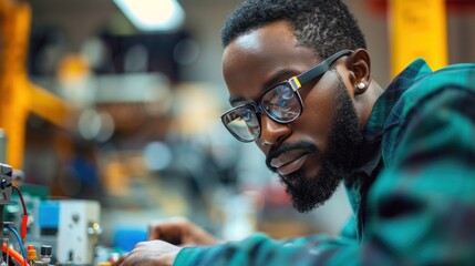 precision and dedication, the African American engineer meticulously solders wires, laying the foundation for the new robot's success.