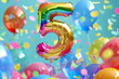 Rainbow foil helium floating balloon made in shape of number five. Children birthday party for 5 years celebration. Banner or greeting card	

