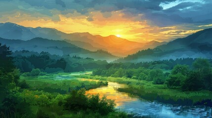 Wall Mural - Gradient Art Landscape: Images of landscape paintings and digital art that use gradients to depict natural scenery