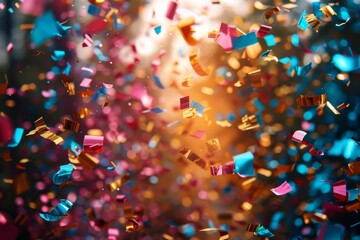 Poster - warm hues dominate this image, featuring glowing golden and pink confetti that gives a feeling of jo