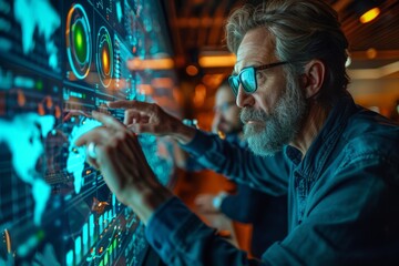 Poster - A man with facial features hidden is depicted using an interactive screen filled with various technological graphs and data points