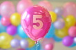 Bright pink helium floating balloon with number five. Child girl birthday party for 5 years celebration, copy space	