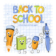Back to school. School funny cartoon office supplies characters. Design poster for sales, for ads. Vector illustration.