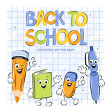 Fototapeta Pokój dzieciecy - Back to school. School funny cartoon office supplies characters. Design poster for sales, for ads. Vector illustration.