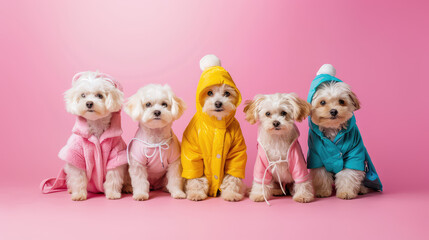 Wall Mural - Maltipoo puppy dogs in a group, vibrant bright fashionable outfit with hats, isolated on solid pastel background advertisement, copy space. birthday party invite invitation banner