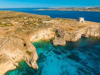 Wall Mural - Crystal lagoon, Tower on Comino island. Mediterranean sea, Malta