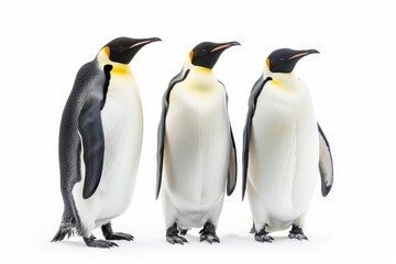 three majestic emperor penguins standing together beautiful antarctic bird portrait on white