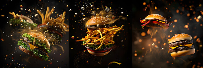 Wall Mural - fast food flying exploding , dark background, 3d illustration digital generative ai