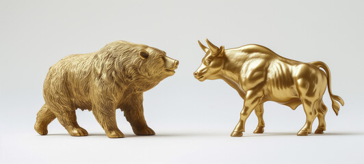 Golden bear and bull statues representing stock market trends