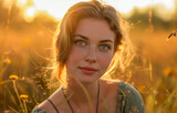 Fototapeta Mapy - Young woman in a sunlit field with golden hour lighting
