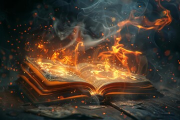 magical book emitting swirling flames and smoke 3d fantasy illustration enchanted tome