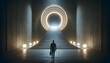 a lone silhouette of a businessman ascending a wide staircase towards a large, glowing circular portal at the top, symbolizing opportunity and future aspirations.