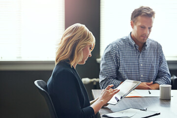 Wall Mural - Meeting, notes and woman typing on tablet with research, app or online planner in office. Business, people and tech for writing teamwork agenda, email or project manager planning idea or reminder