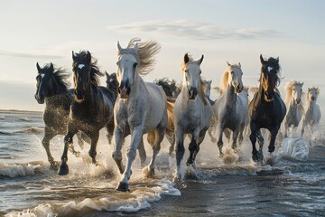 Wall Mural - joyful image of a herd of white and brown horses running through the river, beach, sea, ocean water, dynamic angle, 