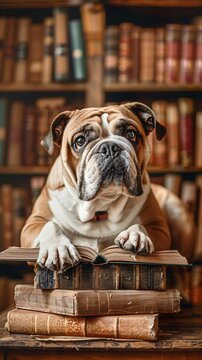 Bulldog in a library, surrounded by books, perfect for educational programs or reading app promotions.
