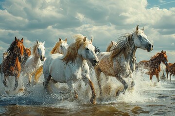 joyful image of a herd of white and brown horses running through the river, sea, beach, water, dynamic angle, 