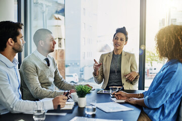 Aufkleber - Business woman, meeting and presentation with team for planning, discussion or conversation at office. Female person or coach talking to group of employees for project or development at workplace